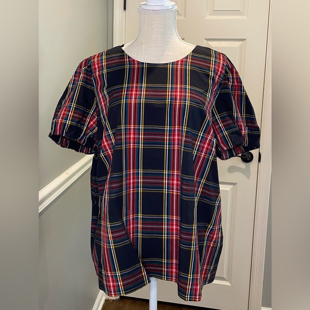 J. Crew womens black plaid top XXL short puffy sleeve ribbon bow tie holiday NWT